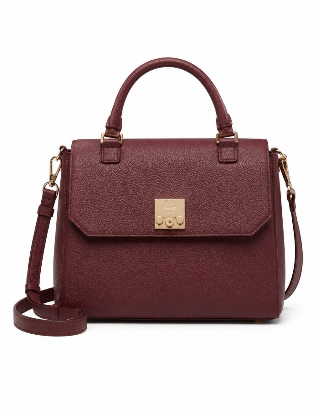 Authentic MCM Burgundy Leather Satchel Crossbody Top Handle Bag Gold Hardware